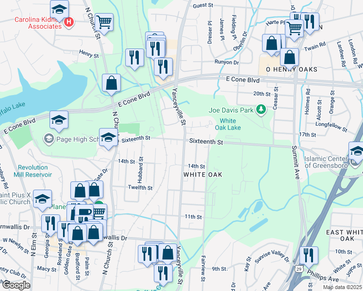 map of restaurants, bars, coffee shops, grocery stores, and more near 2513 Yanceyville Street in Greensboro