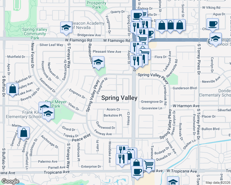 map of restaurants, bars, coffee shops, grocery stores, and more near in Spring Valley