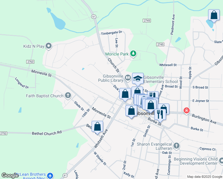 map of restaurants, bars, coffee shops, grocery stores, and more near 515 Dick Street in Gibsonville