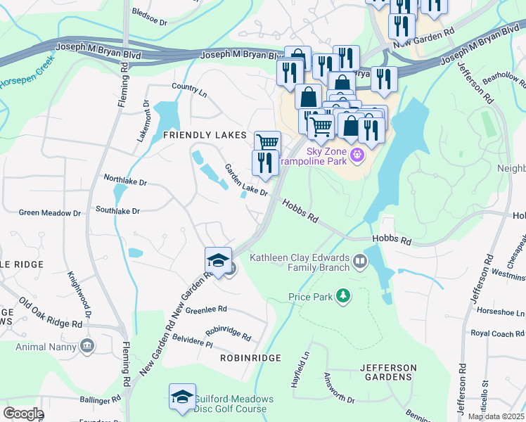 map of restaurants, bars, coffee shops, grocery stores, and more near 1427 New Garden Road in Greensboro
