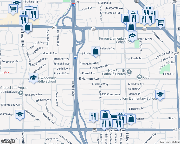 map of restaurants, bars, coffee shops, grocery stores, and more near 4316 Powell Avenue in Las Vegas