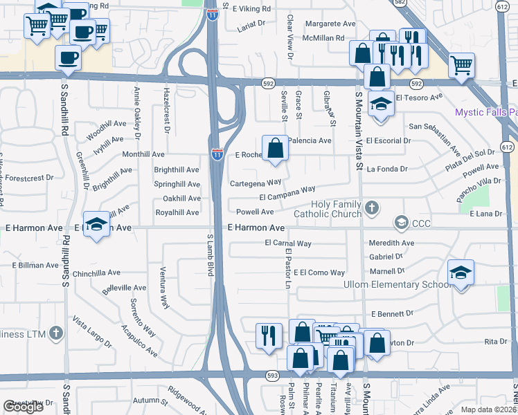 map of restaurants, bars, coffee shops, grocery stores, and more near 4316 Powell Avenue in Las Vegas
