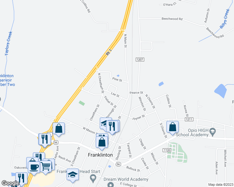 map of restaurants, bars, coffee shops, grocery stores, and more near 108 Lee Street in Franklinton