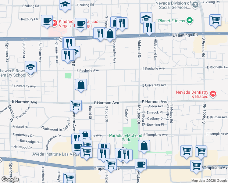 map of restaurants, bars, coffee shops, grocery stores, and more near 2681 Batelli Court in Las Vegas