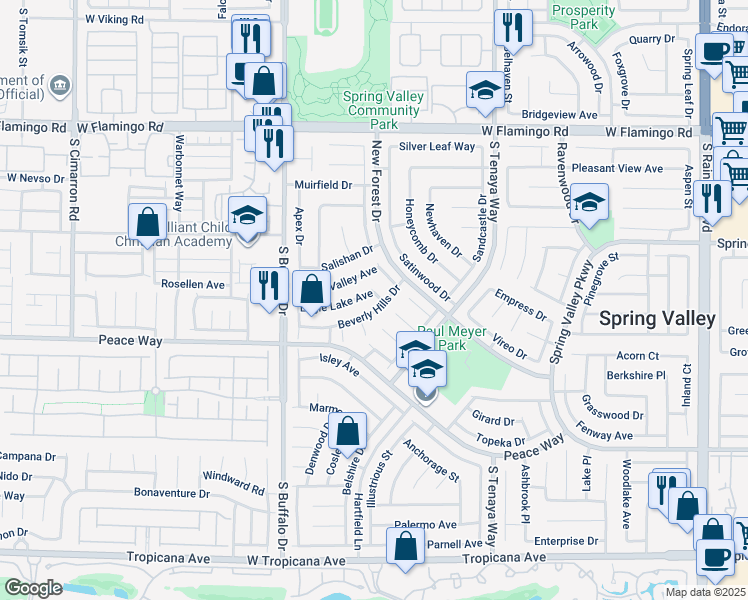 map of restaurants, bars, coffee shops, grocery stores, and more near 7605 Beverly Hills Drive in Las Vegas
