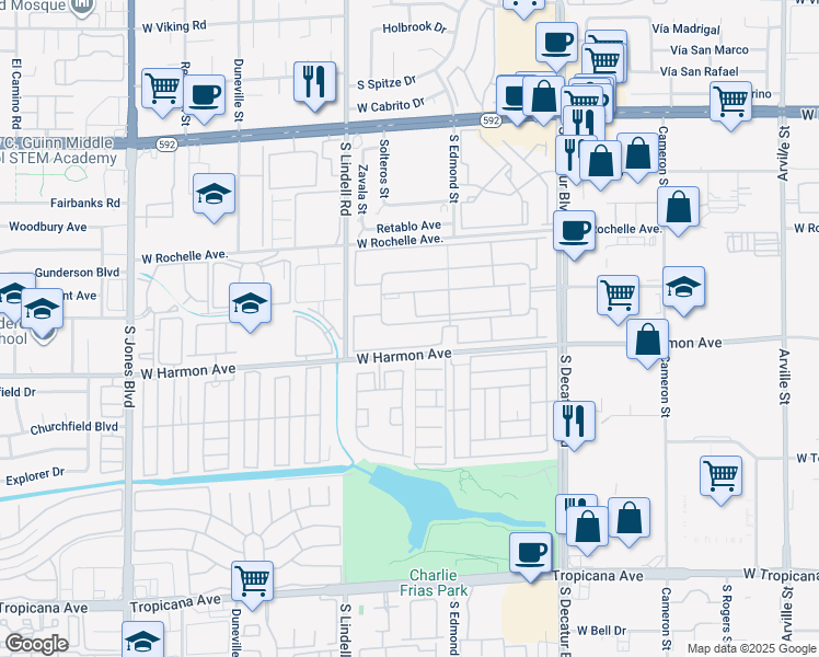 map of restaurants, bars, coffee shops, grocery stores, and more near 5295 Indian River Drive in Las Vegas