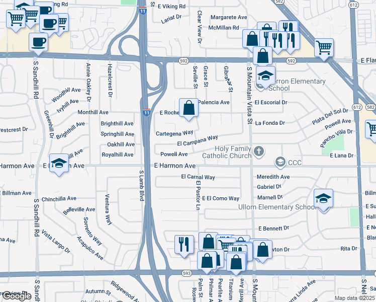 map of restaurants, bars, coffee shops, grocery stores, and more near 4356 Powell Avenue in Las Vegas