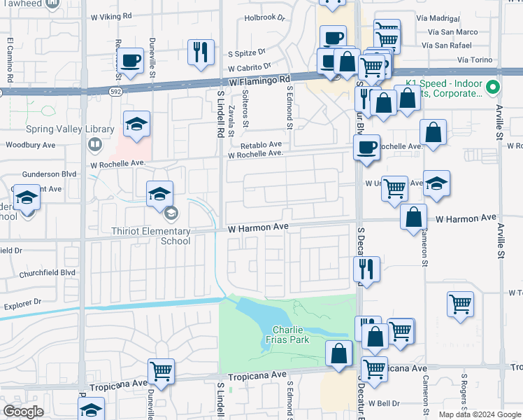 map of restaurants, bars, coffee shops, grocery stores, and more near 5295 Indian River Drive in Las Vegas