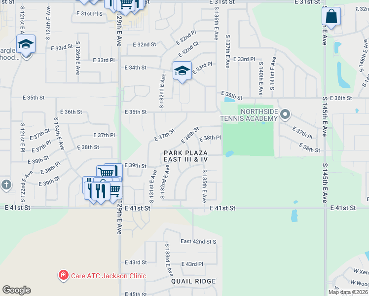map of restaurants, bars, coffee shops, grocery stores, and more near 3830 South 134th East Avenue in Tulsa