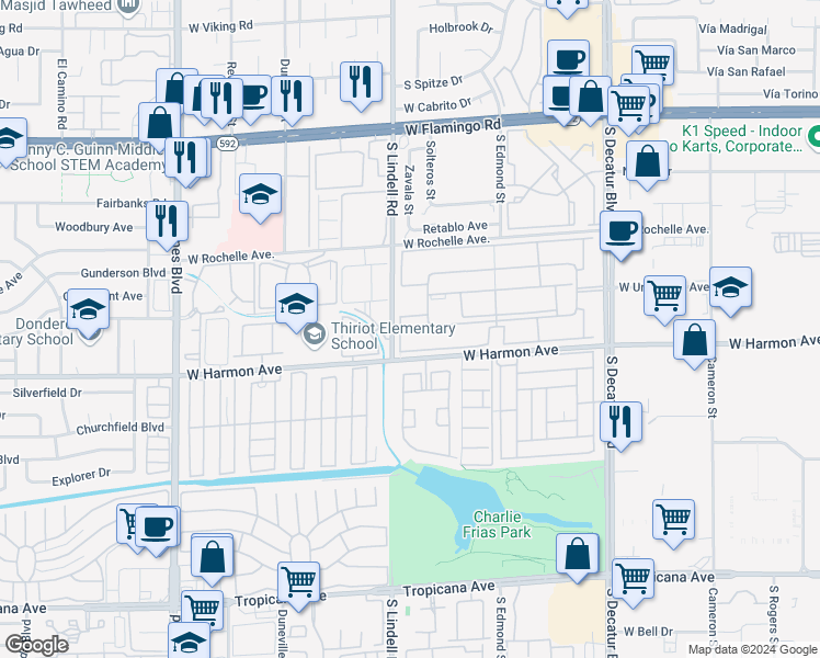 map of restaurants, bars, coffee shops, grocery stores, and more near 5471 Indian River Drive in Las Vegas