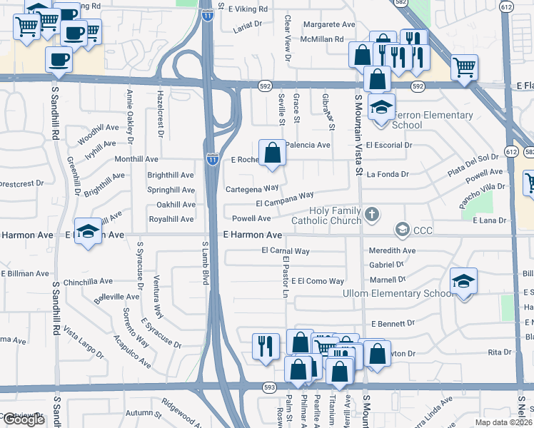 map of restaurants, bars, coffee shops, grocery stores, and more near 4374 East Harmon Avenue in Las Vegas