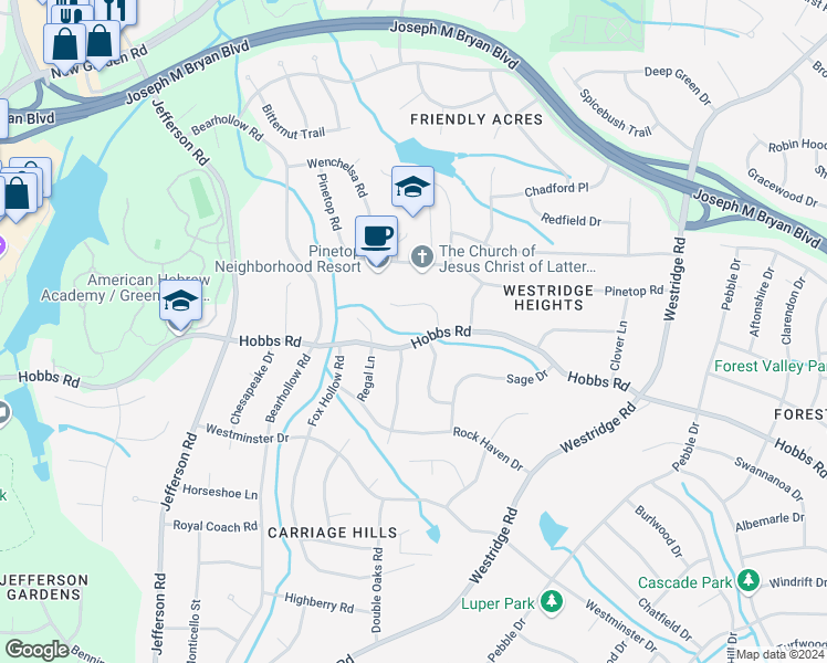 map of restaurants, bars, coffee shops, grocery stores, and more near 3814 Hobbs Road in Greensboro