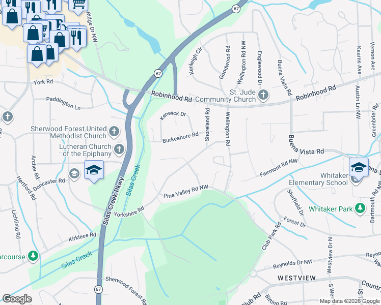 map of restaurants, bars, coffee shops, grocery stores, and more near 640 Yorkshire Road in Winston-Salem