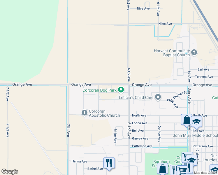 map of restaurants, bars, coffee shops, grocery stores, and more near 2611 Gable Avenue in Corcoran