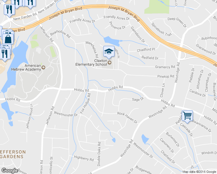 map of restaurants, bars, coffee shops, grocery stores, and more near 3814 Hobbs Road in Greensboro