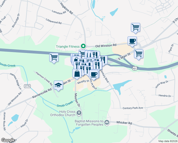 map of restaurants, bars, coffee shops, grocery stores, and more near 970 S Main St in Kernersville