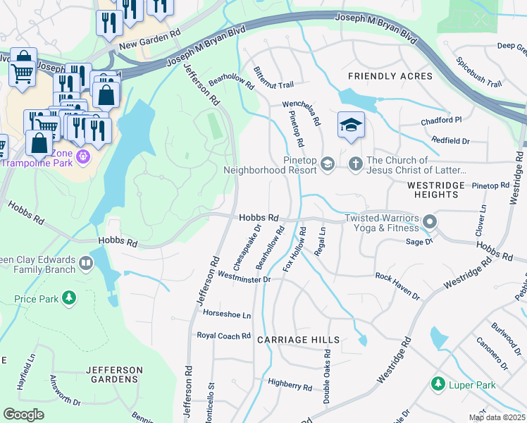 map of restaurants, bars, coffee shops, grocery stores, and more near 1803 Chesapeake Drive in Greensboro