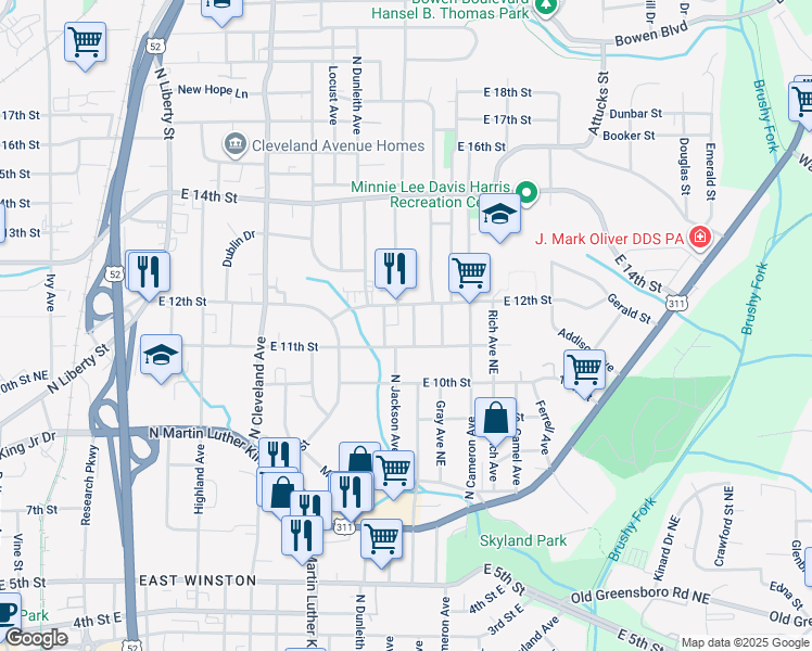 map of restaurants, bars, coffee shops, grocery stores, and more near 1108 Progressive Lane Northeast in Winston-Salem