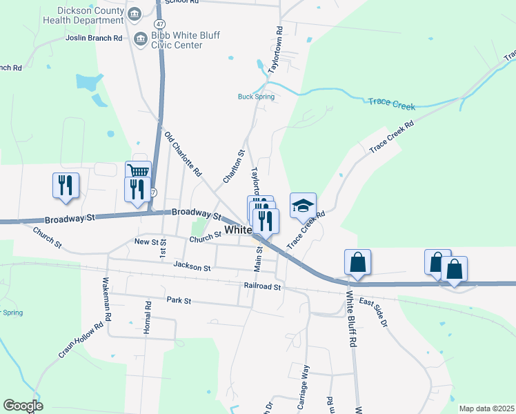 map of restaurants, bars, coffee shops, grocery stores, and more near 118 Jordan Street in White Bluff