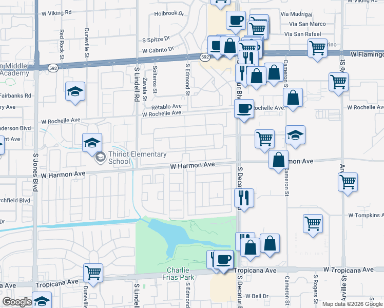 map of restaurants, bars, coffee shops, grocery stores, and more near 5185 Indian River Drive in Las Vegas