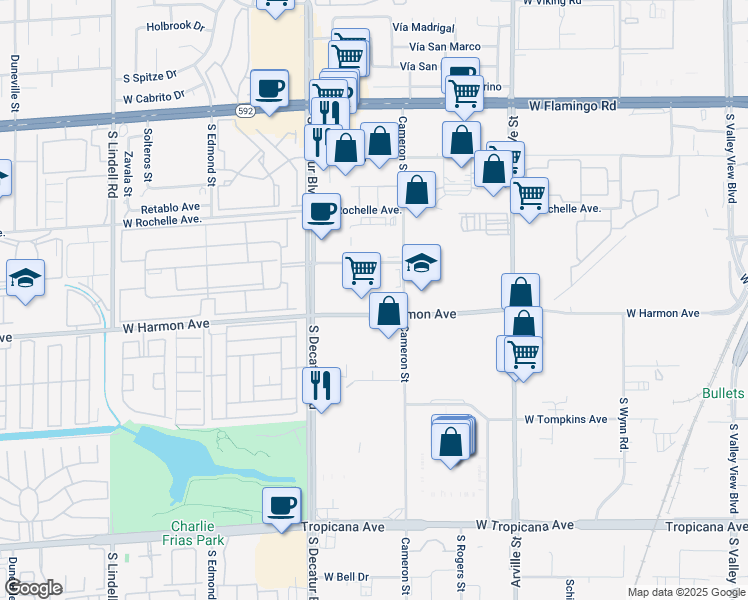 map of restaurants, bars, coffee shops, grocery stores, and more near 4855 West Harmon Avenue in Las Vegas