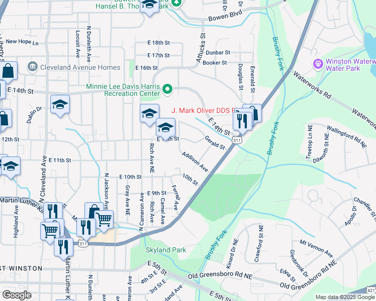 map of restaurants, bars, coffee shops, grocery stores, and more near 1150 Addison Avenue in Winston-Salem