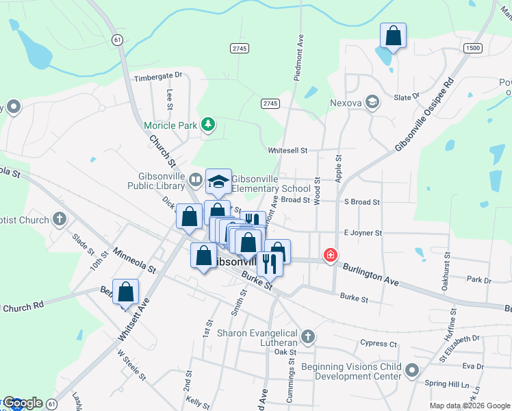 map of restaurants, bars, coffee shops, grocery stores, and more near 221 Piedmont Avenue in Gibsonville