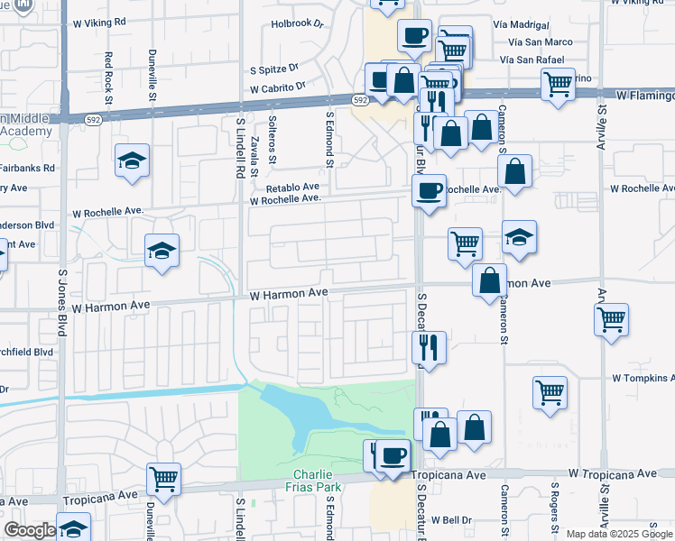 map of restaurants, bars, coffee shops, grocery stores, and more near 5185 Indian River Drive in Las Vegas
