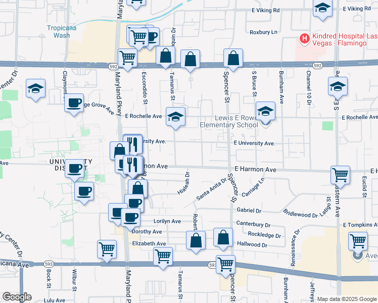 map of restaurants, bars, coffee shops, grocery stores, and more near 1550 East Harmon Avenue in Las Vegas