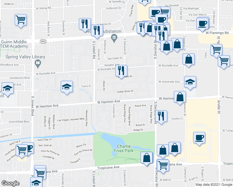 map of restaurants, bars, coffee shops, grocery stores, and more near 5250 Fordham Road in Las Vegas