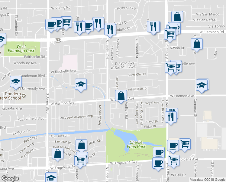 map of restaurants, bars, coffee shops, grocery stores, and more near 5499 Indian River Drive in Las Vegas