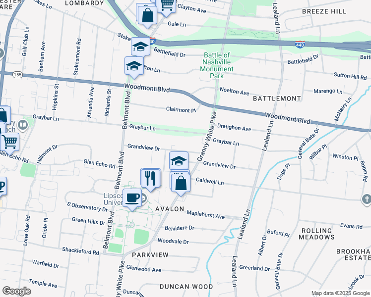 map of restaurants, bars, coffee shops, grocery stores, and more near 1207 Grandview Drive in Nashville