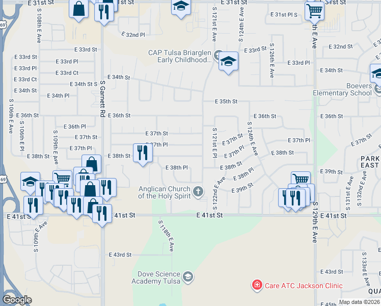 map of restaurants, bars, coffee shops, grocery stores, and more near 11929 East 38th Place in Tulsa