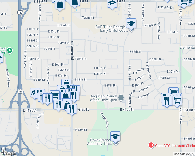 map of restaurants, bars, coffee shops, grocery stores, and more near in Tulsa