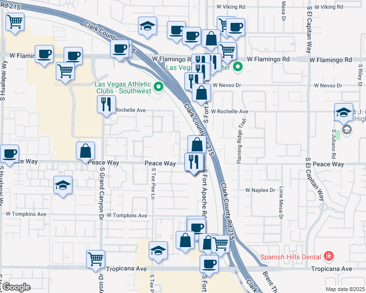 map of restaurants, bars, coffee shops, grocery stores, and more near 9470 Peace Way in Las Vegas