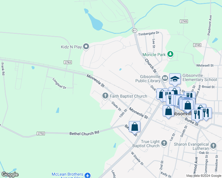 map of restaurants, bars, coffee shops, grocery stores, and more near 606 West Minneola Street in Gibsonville