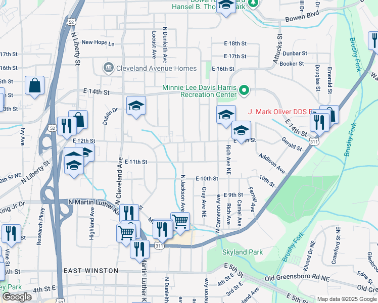 map of restaurants, bars, coffee shops, grocery stores, and more near 1108 Progressive Lane Northeast in Winston-Salem