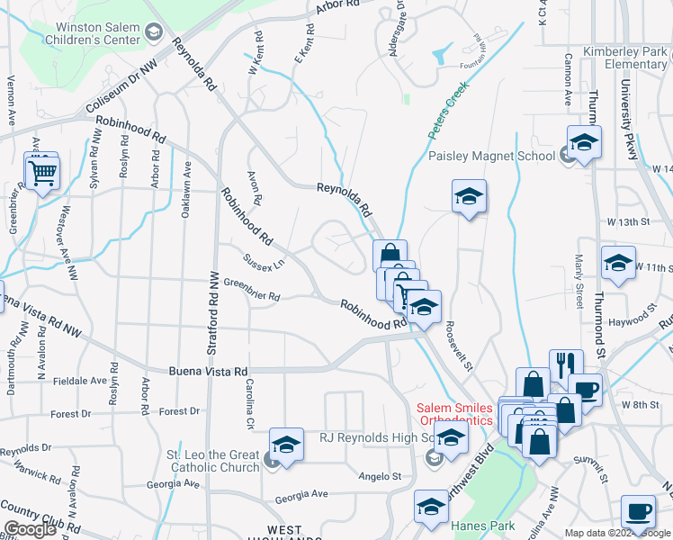 map of restaurants, bars, coffee shops, grocery stores, and more near 1835 Meadowbrook Drive in Winston-Salem