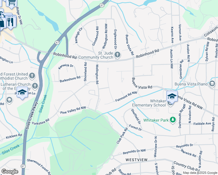map of restaurants, bars, coffee shops, grocery stores, and more near Glen Echo Trail in Winston-Salem