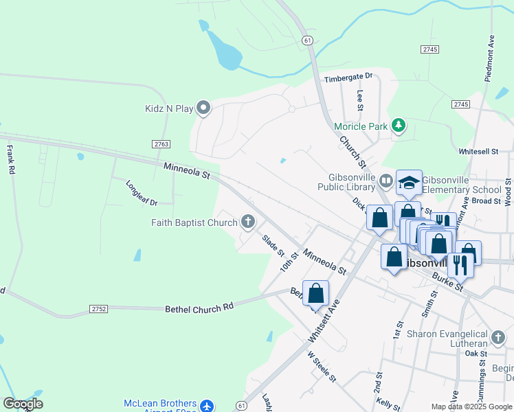 map of restaurants, bars, coffee shops, grocery stores, and more near 608 West Minneola Street in Gibsonville