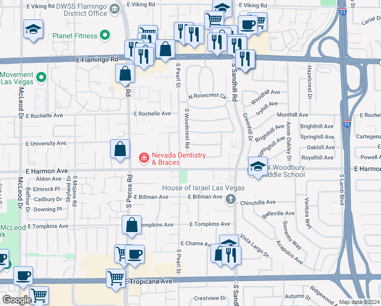 map of restaurants, bars, coffee shops, grocery stores, and more near 3644 East Greencrest Drive in Las Vegas