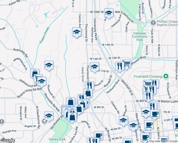 map of restaurants, bars, coffee shops, grocery stores, and more near 1101 Thurmond Street in Winston-Salem