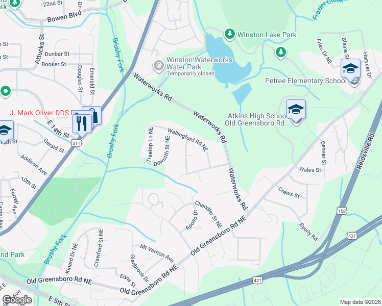 map of restaurants, bars, coffee shops, grocery stores, and more near 2507 Beechmont Street Northeast in Winston-Salem