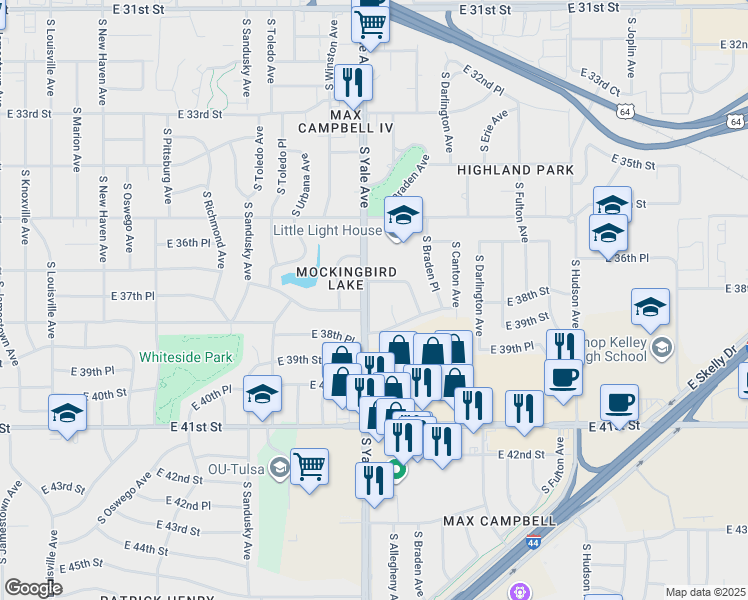 map of restaurants, bars, coffee shops, grocery stores, and more near 3759 South Yale Avenue in Tulsa
