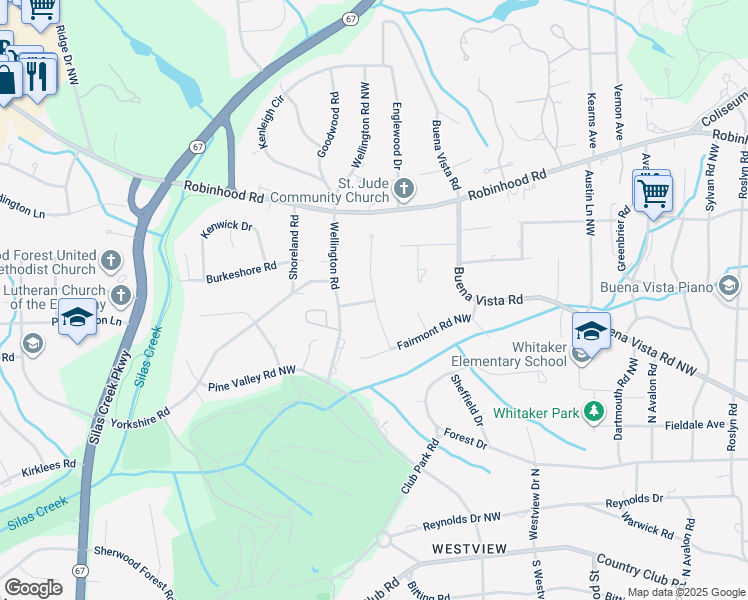 map of restaurants, bars, coffee shops, grocery stores, and more near Glen Echo Trail in Winston-Salem