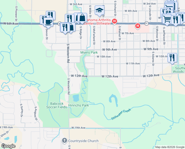 map of restaurants, bars, coffee shops, grocery stores, and more near 1125 South Willis Street in Stillwater