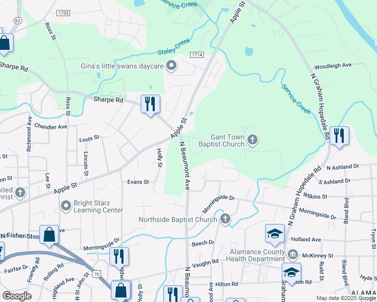 map of restaurants, bars, coffee shops, grocery stores, and more near 1035 Pinnix Loop in Burlington
