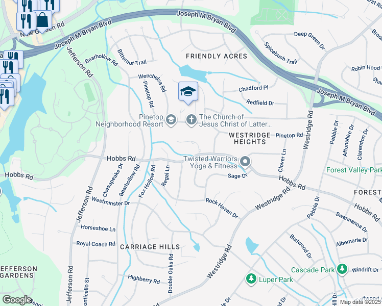 map of restaurants, bars, coffee shops, grocery stores, and more near 3812 Hobbs Road in Greensboro