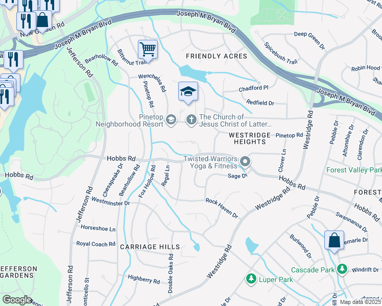 map of restaurants, bars, coffee shops, grocery stores, and more near 3812 Hobbs Road in Greensboro