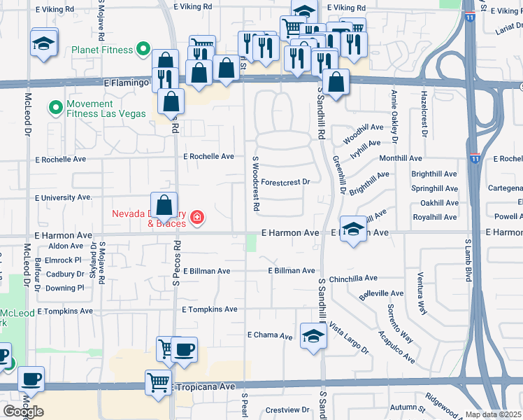 map of restaurants, bars, coffee shops, grocery stores, and more near 3644 East Greencrest Drive in Las Vegas